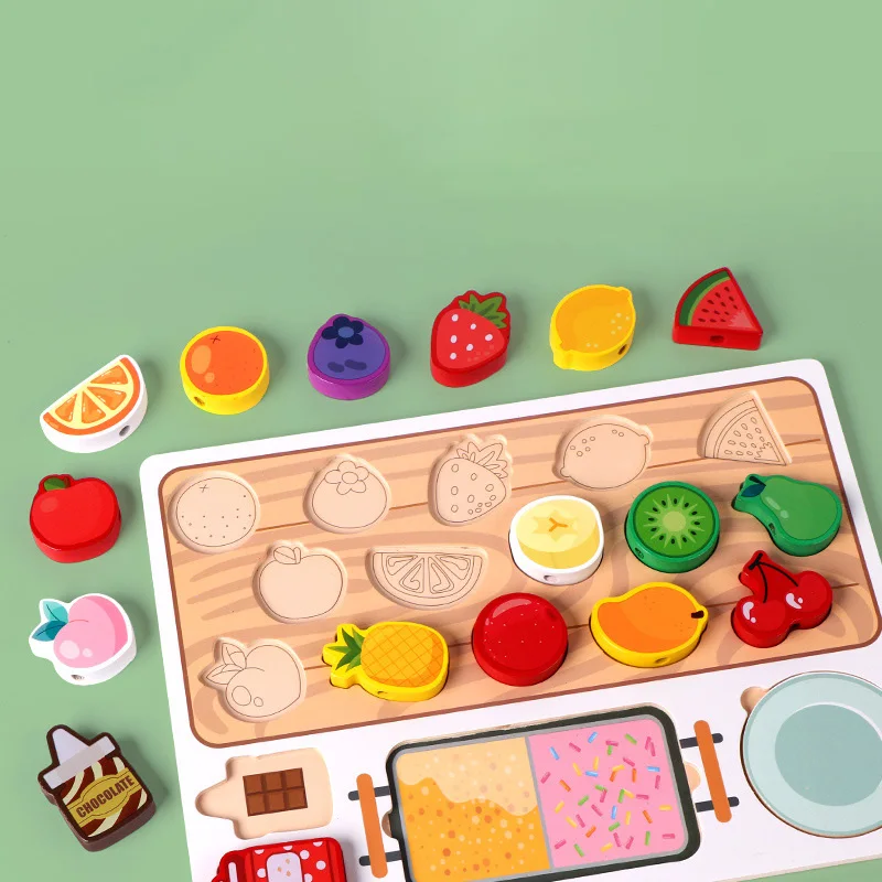 Wooden Montessori Toys for Kids Fruit Skewer Matching Beads Threading Game Educational Logic Training Building Block Game Gifts