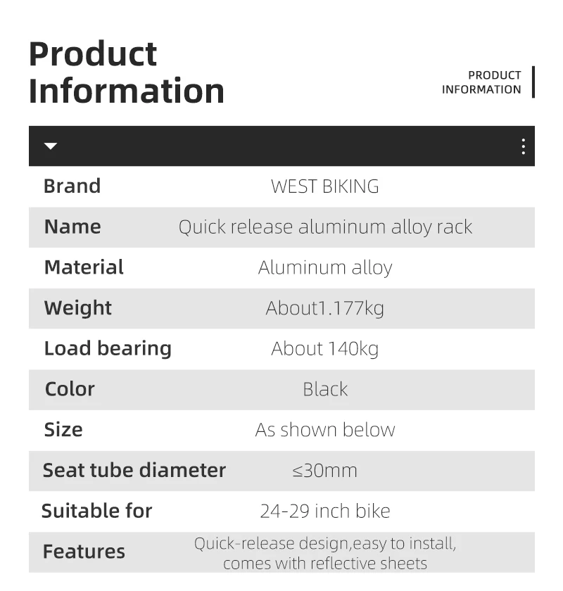 WEST BIKING Schnellspanner für Fahrradkofferraum, Aluminiumlegierung, Fahrrad-Rücksitz, Gepäckträger mit reflektierendem Sicherheits-Fahrradzubehör – Detail 2