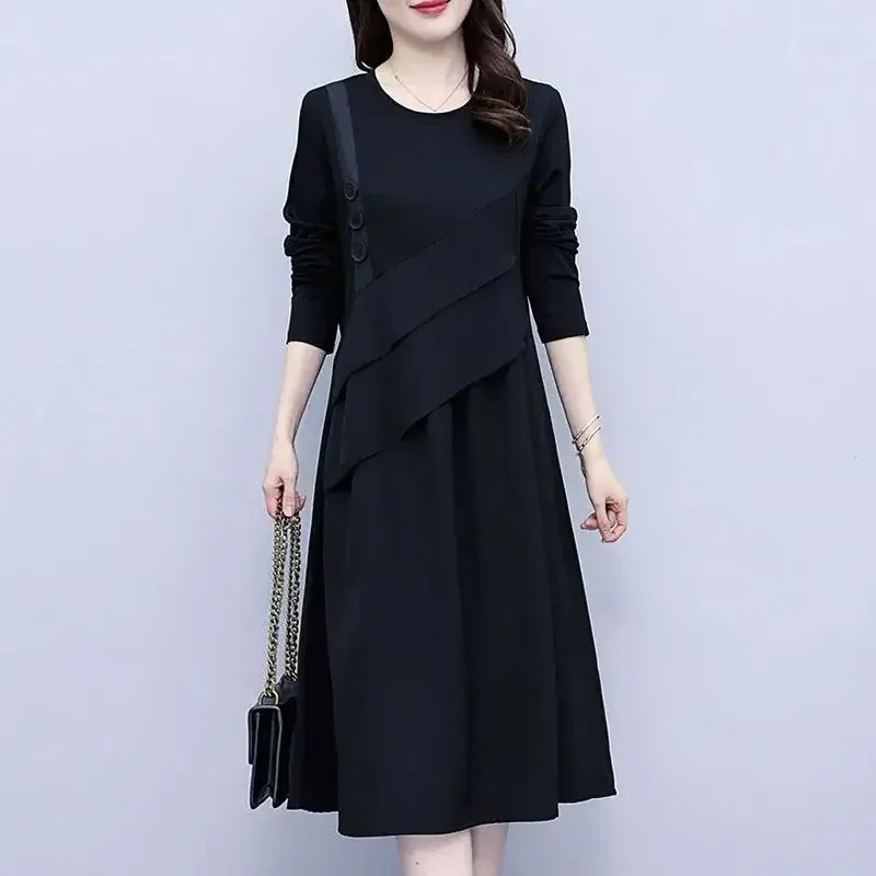 

Pure color loose mid-long autumn new fat mm cover belly Korean version of casual dress gray22