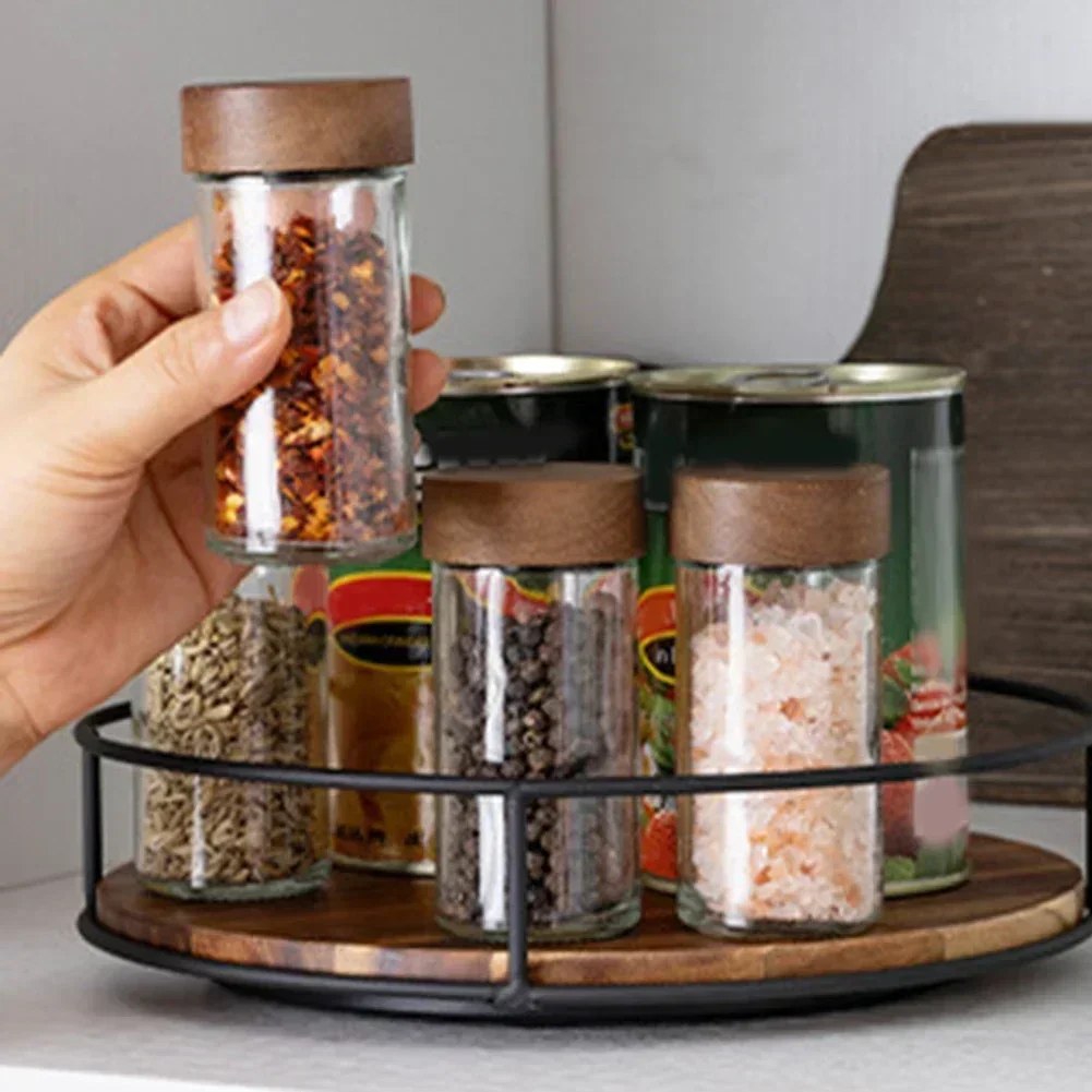 Wooden Seasoning Spice Bottle Turntable Organizer Round Table