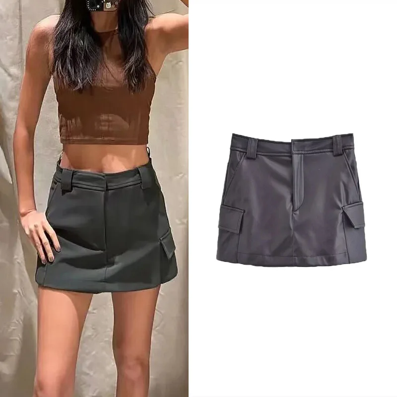

2024 TRAF Faux Leather Shorts Skirt For Women Fashion Street Pocket Skort Female Vintage Slim Mini Skirts Chic Y2k Style Shorts