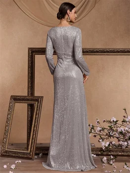 فستان سهرة فاخر بطول الأرض ورقبة على شكل حرف v للنساء فستان ماكسي أنيق للحفلات ترتر وأكمام طويلة للحفلات الراقصة وحفلات الكوكتيل 2