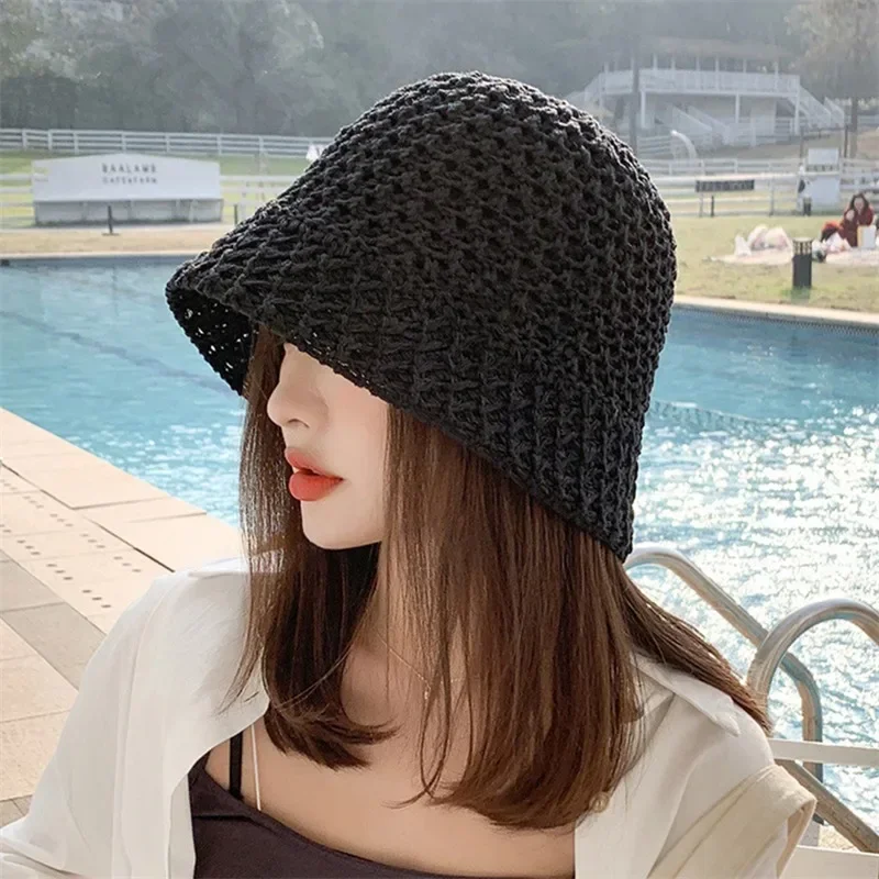 Women Bucket Hat Designer Wide Brim Summer Straw Woven Sun Visor Hats Hollow Striped BeachHat