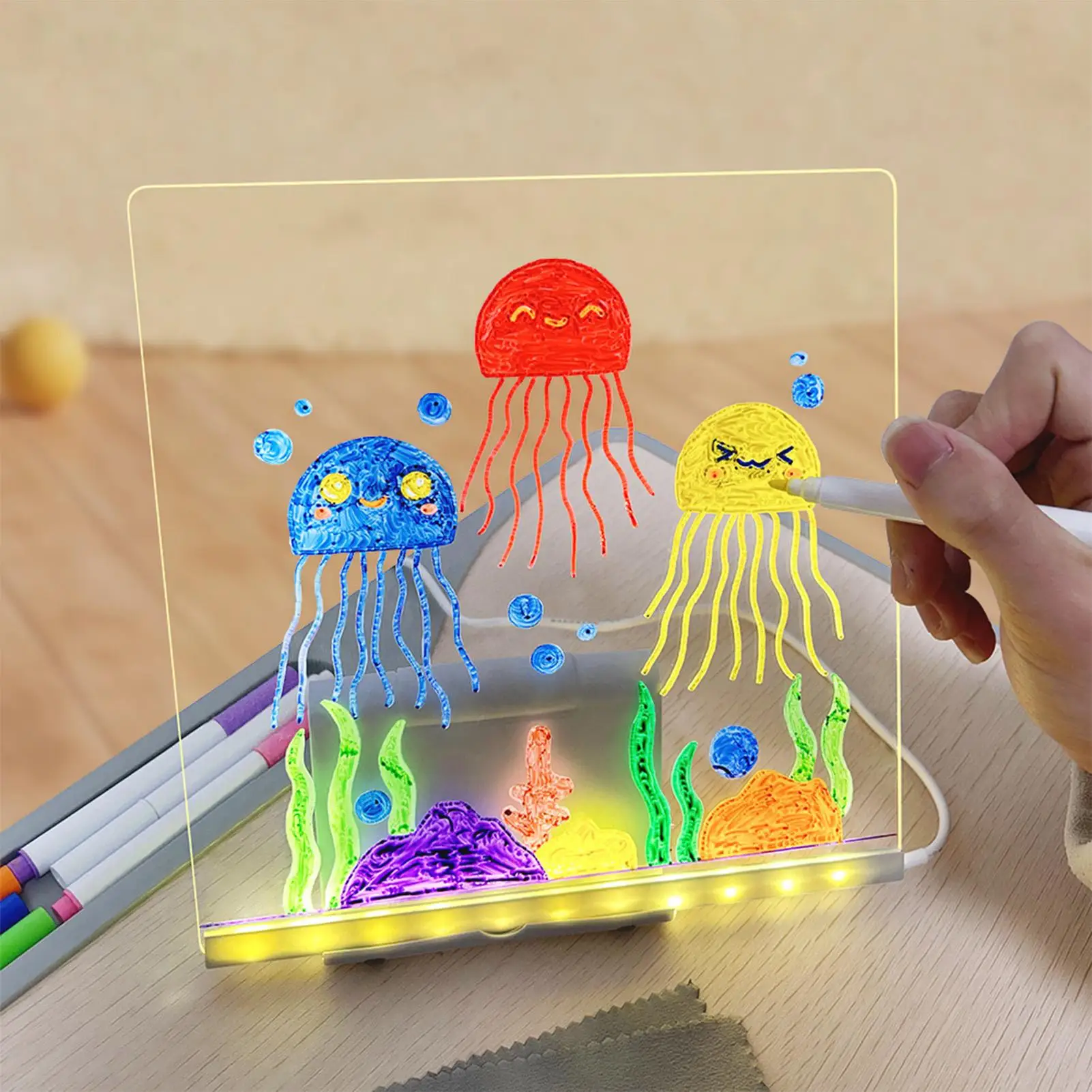 조명이 있는 LED 보드, USB 전원으로 작동하는 지울 수 있는 12색 메시지 노트 보드, 마커 및 스탠드 포함, 어린이용, 생일 크리스마스 선물