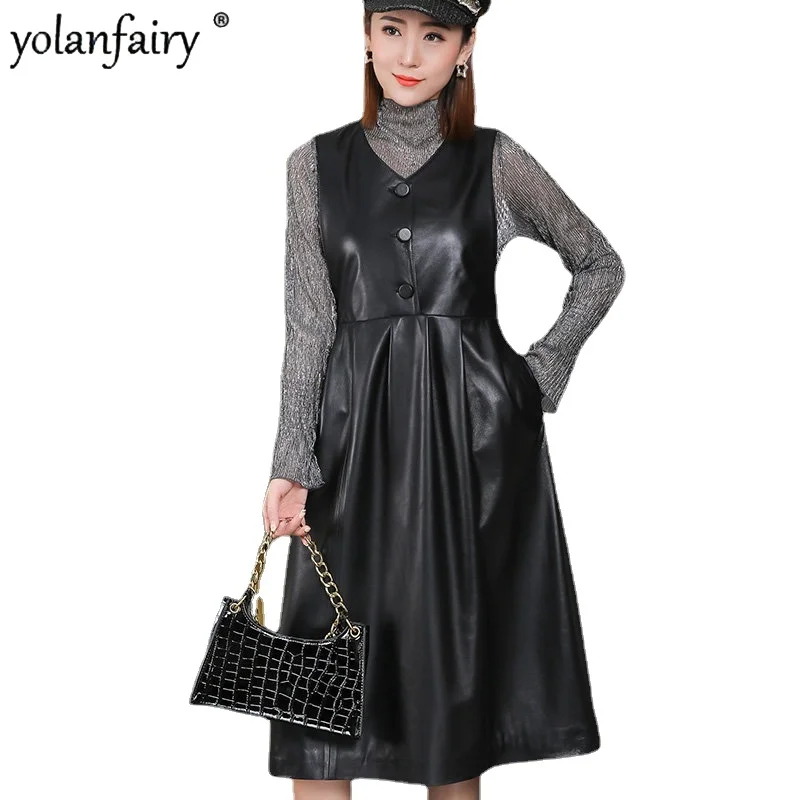 

Genuine Leather Women's Dress Oversized Slim A-line Long Over Knee Vest Dresses Female Autumn Winter Clothing Vestidos 8XL FCY