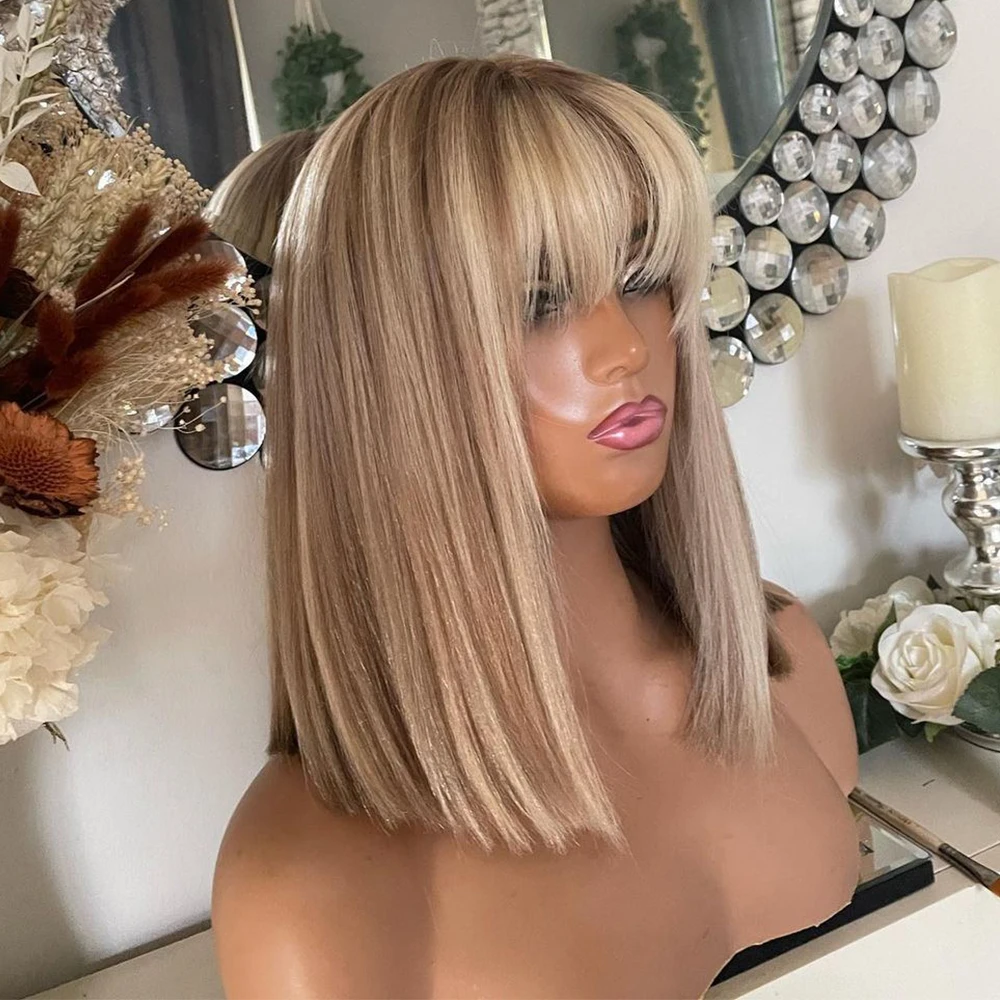 

Парик балаяж естественный светлый Боб премиум натуральные человеческие волосы челка парик плавильные корни 150% кремовый пепельный светлый прямой парик на шнуровке спереди