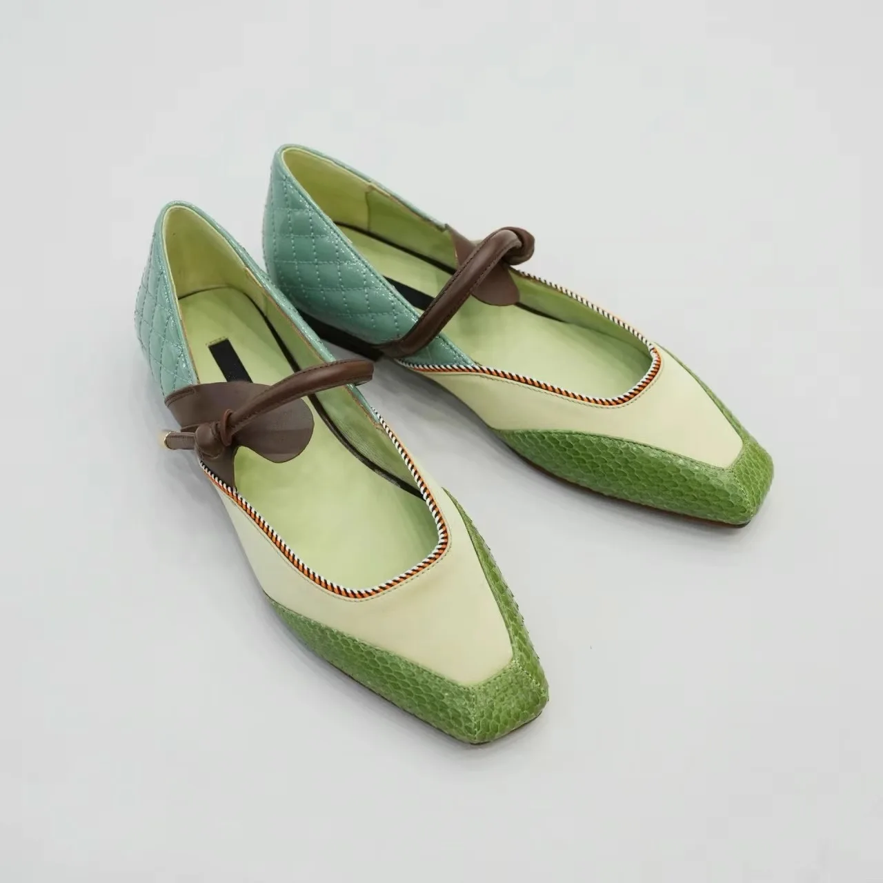 

Niche Designer Snakeskin Mary Jane Square Toe Buckle Black Flats Color Block Versatile Women Shoes Sandalias Mujer Verano