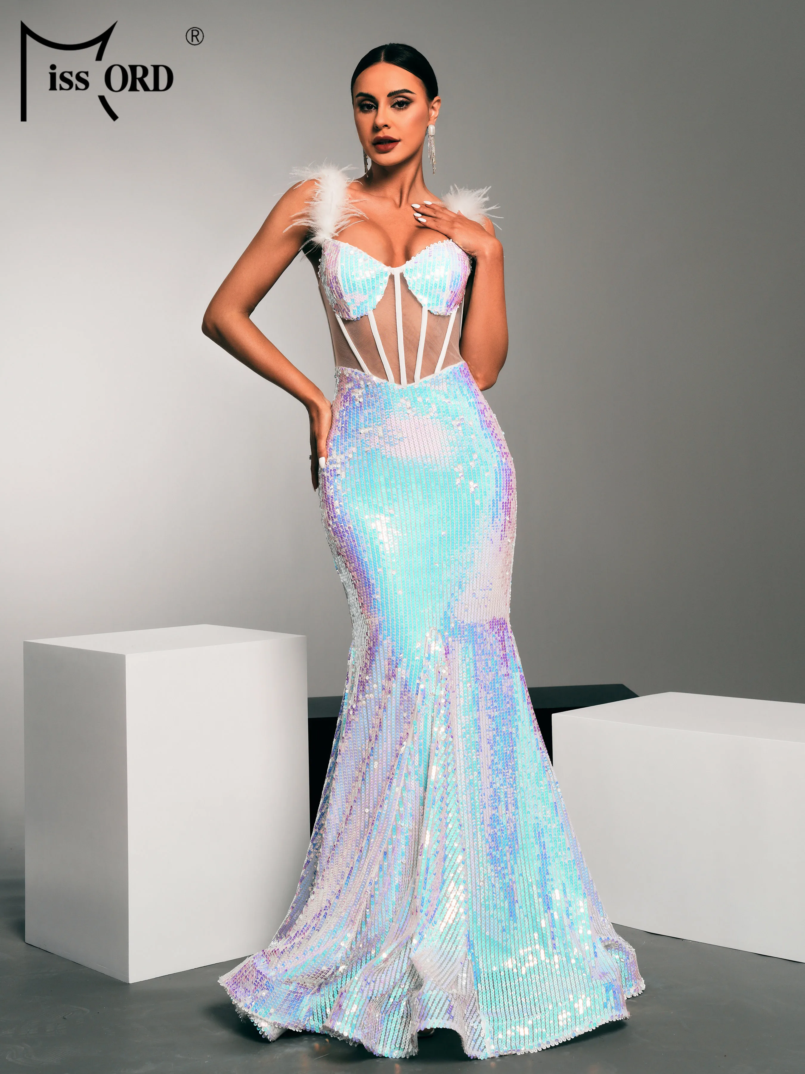 Missord 2024 Sexy Backless Sequin Mermaid Evening Gown Elegant Beautiful Women's High Quality Luxury Dress