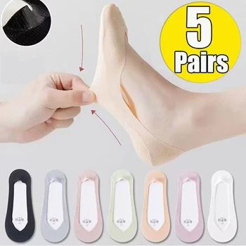 실리콘 미끄럼 방지 보이지 않는 양말, 여름용 초박형 통기성 양말 슬리퍼, 솔리드 아이스 실크 로우 컷 보트 양말, 5 쌍