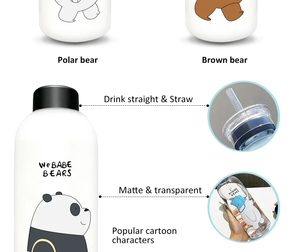 Description Picture 5 of item1000ml Water Bottles Cute Panda Bear Cup With Straw Transparent Cartoon Water Bottle Drinkware Frosted Cup Leak-proof