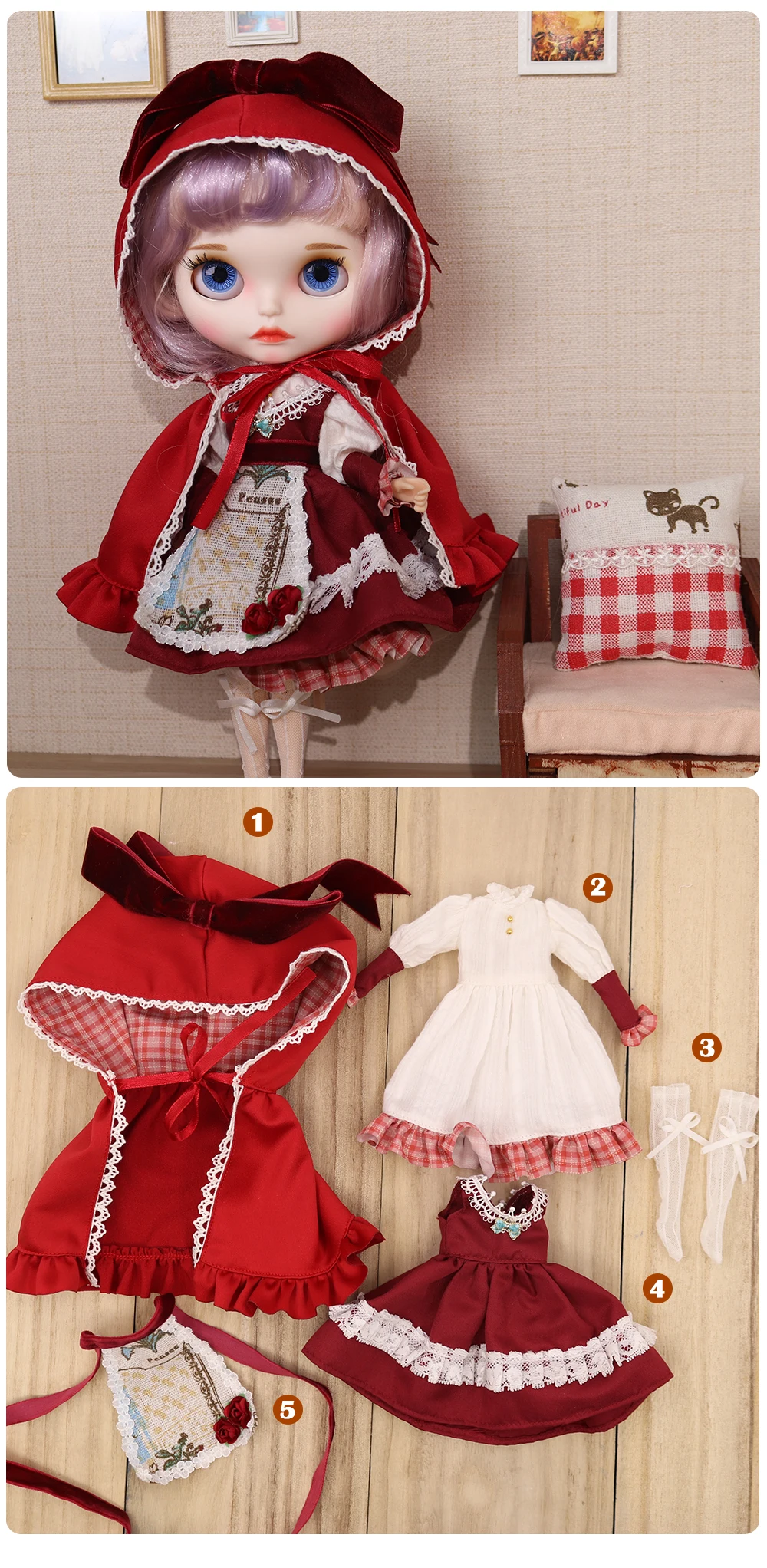 Neo Blythe Doll Halloween Little Red Riding Hood Costume Set 3