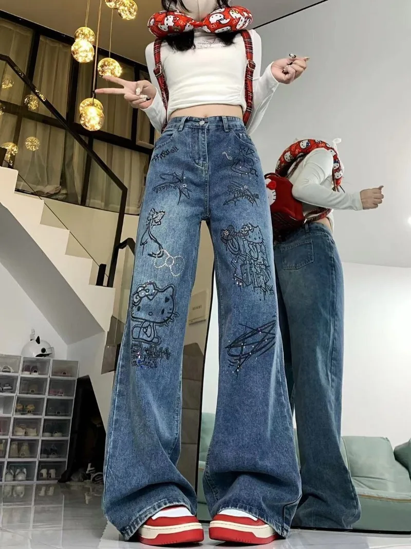 산리오 헬로 키티 청바지, 그래피티 프린트 바지, Y2k 바지, 학생 캐주얼 헐렁한 바지, 워싱 디자인, 루즈 힙합 스웻팬츠