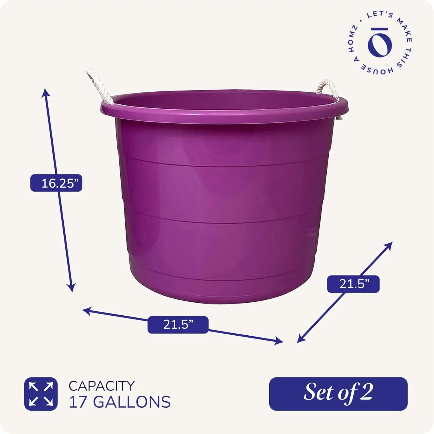 2-Pack Utility Tub, Large Plastic Storage Bucket with Rope Handles, 17 Gallon, Purple - Portable Indoor and Outdoor Buckets