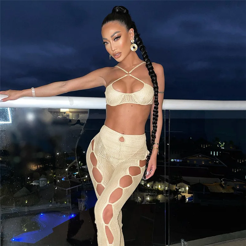 

Sexy Sheer Mesh Two Piece Set Pants for Women Halter Crop Top Hollow Out Leggings Pants Night Club Party Outfits 2 Piece Suit