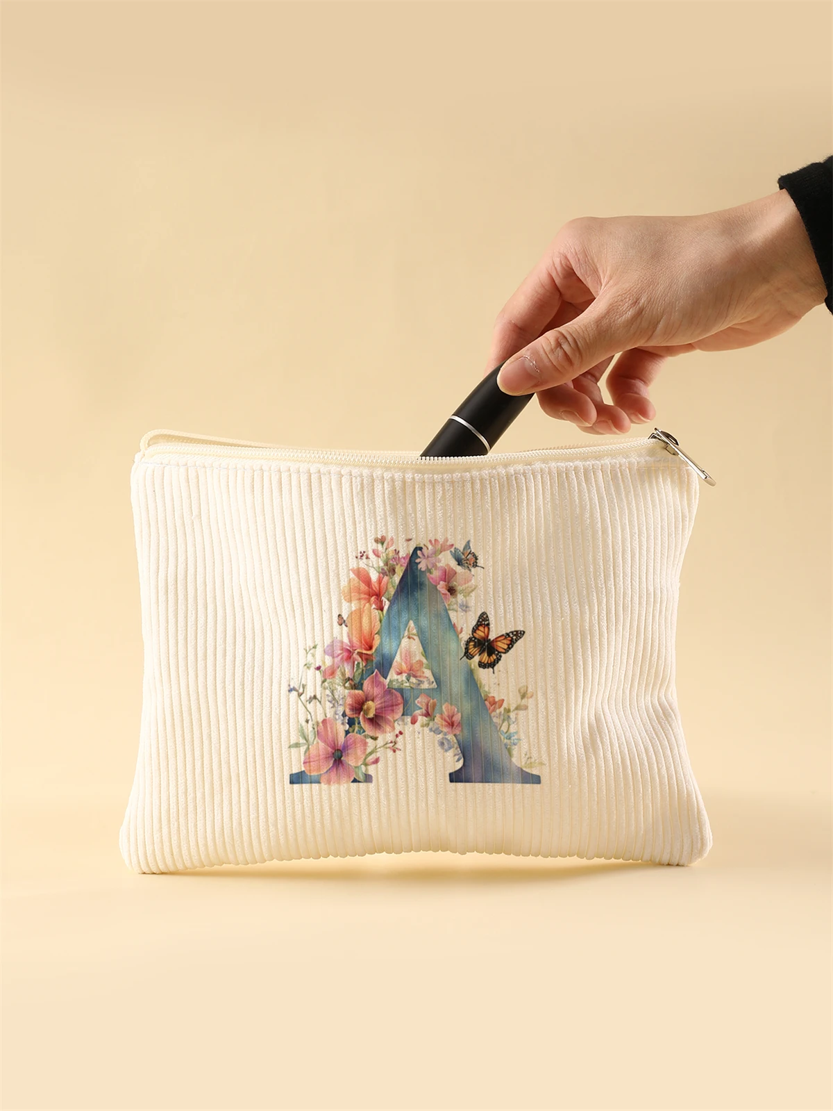 Women's Corduroy Travel Cosmetic Bag Portable Large Capacity Makeup Storage Organizer Zipper Clutch Purse Make up Bag