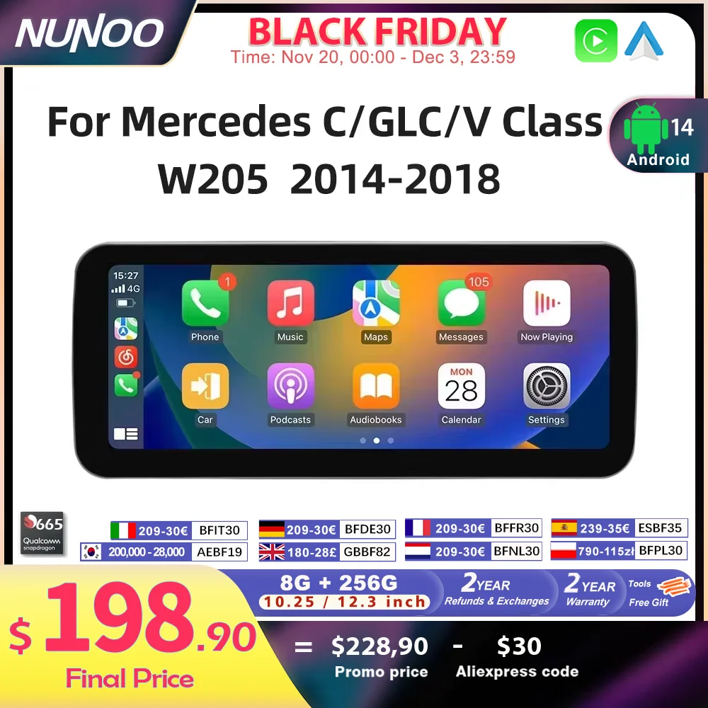 Android 14 ワイヤレスCarPlay メルセデスベンツCクラスW205対応