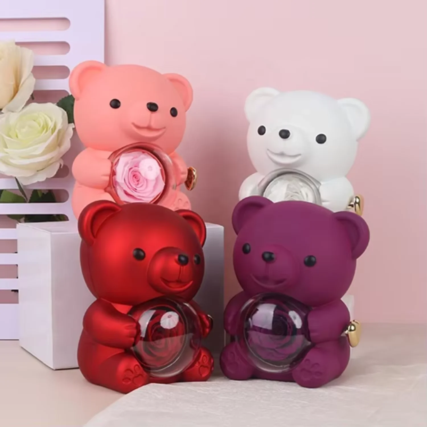 Valentines Day Gift Rose Bear Jewelry Necklace Rings