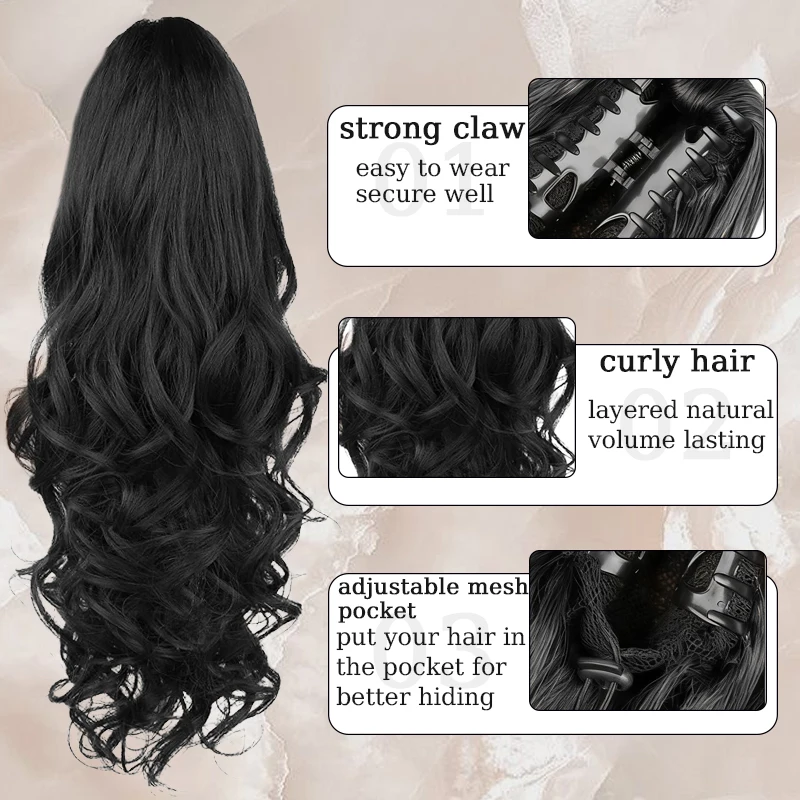 24inch Wavy Ponytail Hair Extensions Wig Long Wavy Curly Claw Clip Ponytail Hairpiece for Women Daily&Party Use Hair Accessories