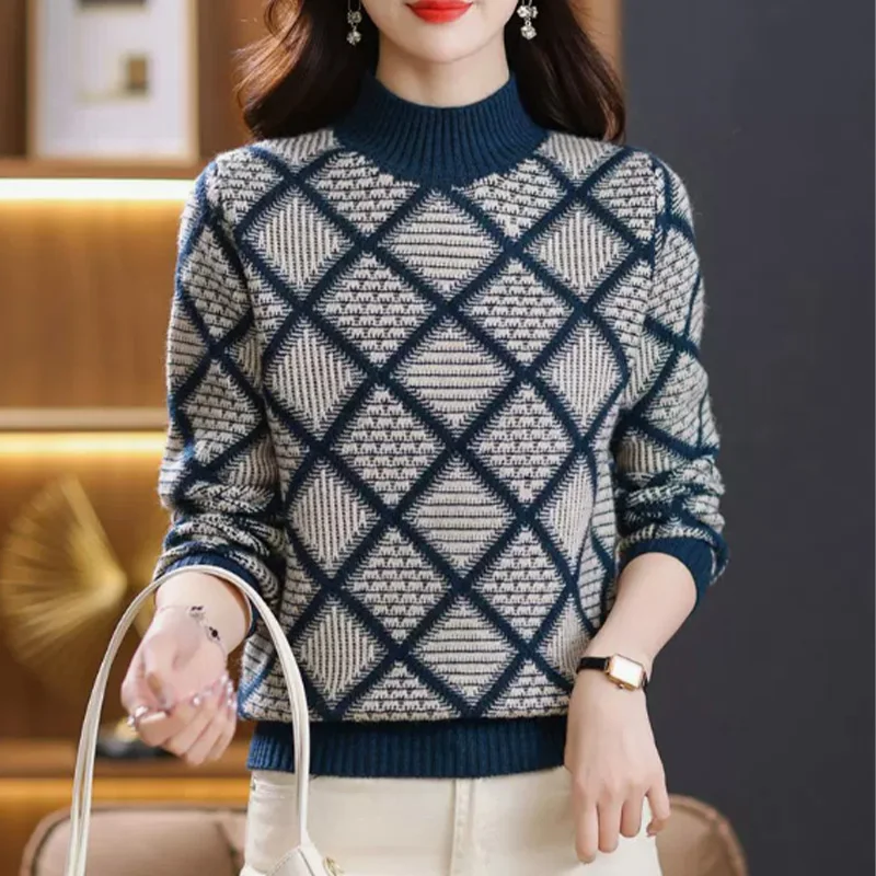 

Women's Clothes Half High Collar Plaid Knitted Sweaters Winter Thick New Wool Striped Jacquard Jumper Female Top Knitwear