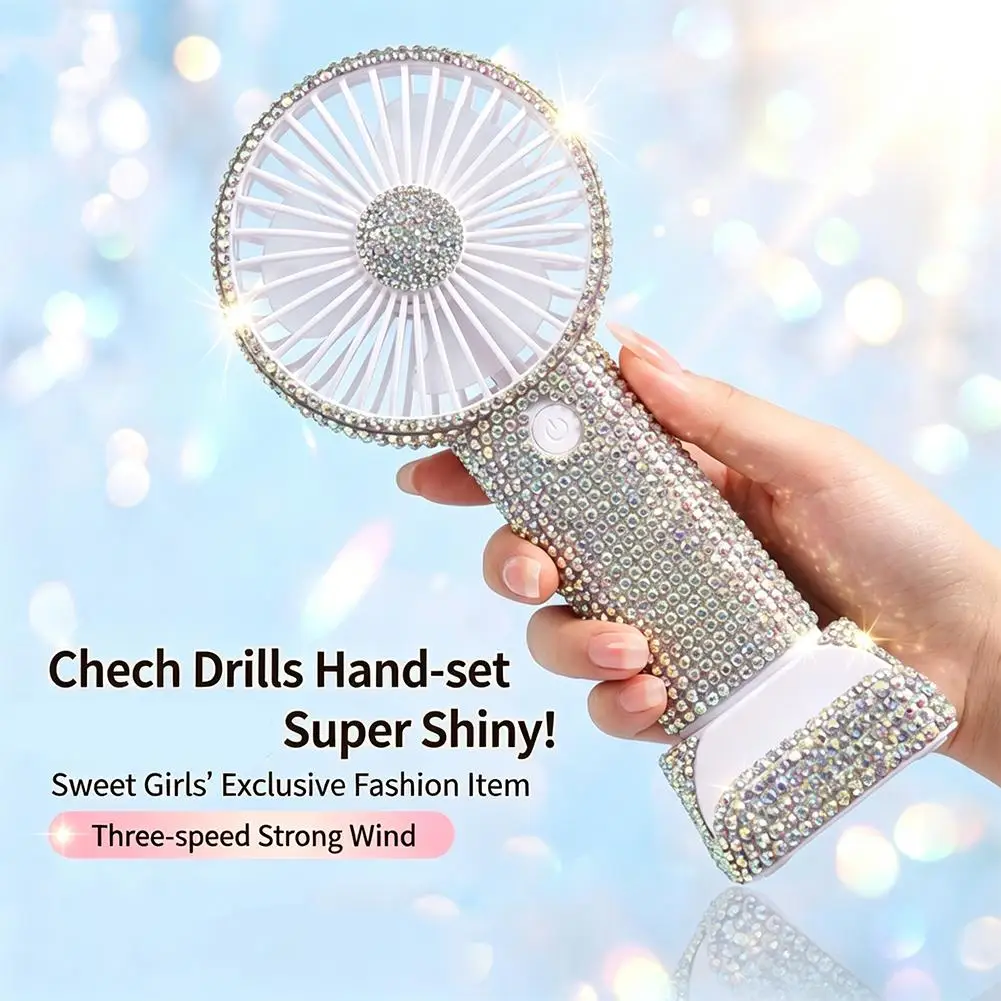 Handheld Inaly Rhinestones Draagbare Zomerventilator USB Oplaadbare Mini Koeler Bureau Roze Persoonlijk_voghion.com