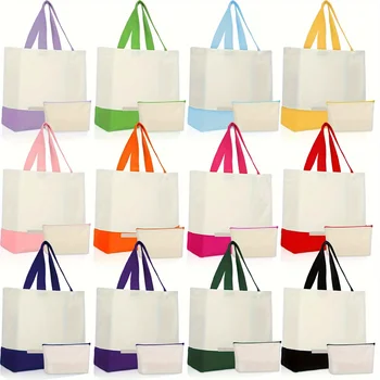 24pcs Canvas Tote Bags Bulk With Zipper Cosmetic Bags 18.5" Cotton Canvas Bag With Handles Reusable Shopping Bags For Women, 12 1
