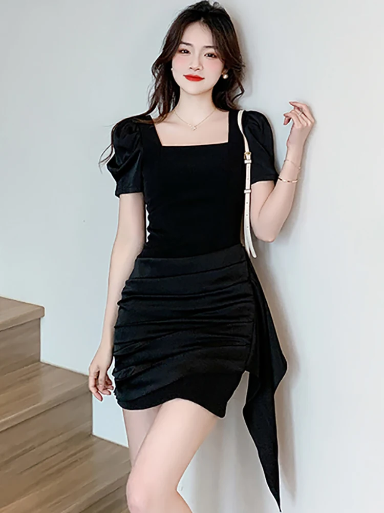 2023 Black Chic Pleated Bodycon Dance Party Dress Summer New Short Sleeve  Sqaure Collar Dress Women Korean Vintage Hepburn Dress