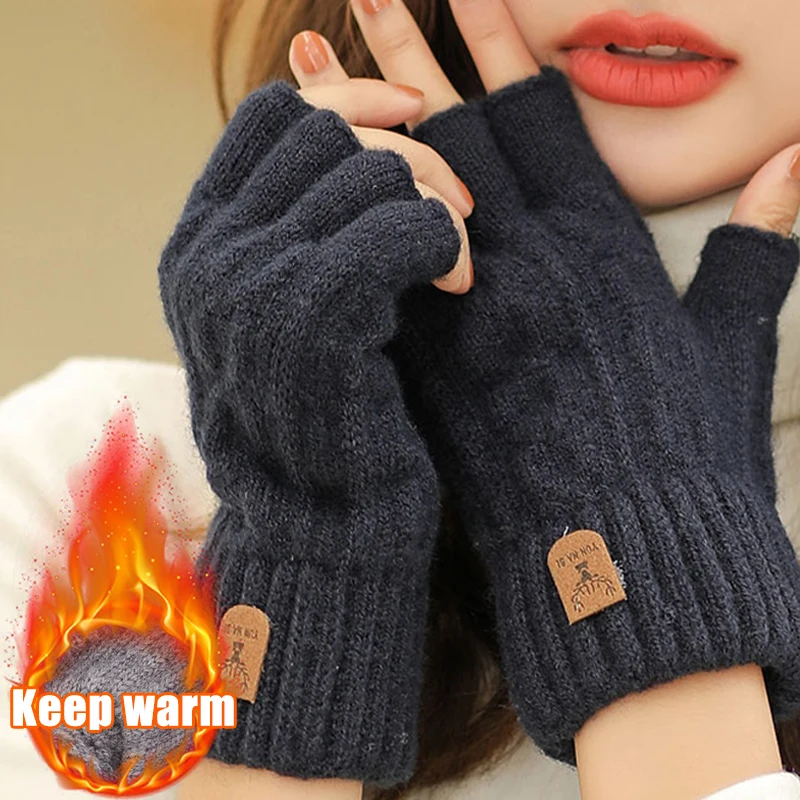 

Ladies Winter Warm Touchscreen Fingerless Mittens Male Thickened Wool Jacquard Knitting Business Work Study Cycling Gloves