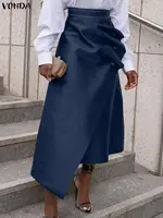Plus Size 5XL VONDA Women Satin Maxi Skirts High Waist Button Pleated Elegant Asymmetrical Jupes Fashion Solid Long Faldas Saia