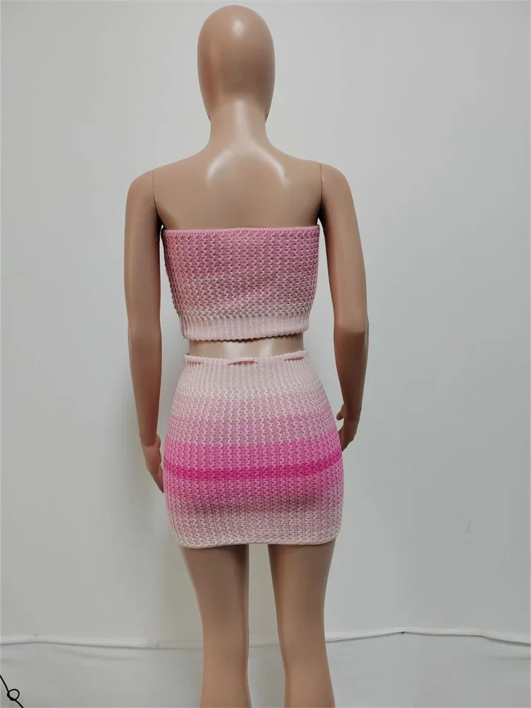 Wmstar Women Two Piece Set Summer Sexy Women's Sweater Knitted Suit Strapless Short Skirt Woolen Outfit Wholesale Dropshipping