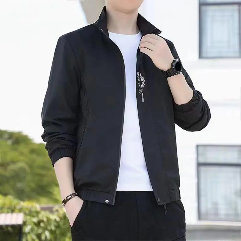 

Comfortable Casual Jacket Men's Embroidered Letter Print Windbreaker Jacket with Stand Collar Zipper Placket Casual for Slim