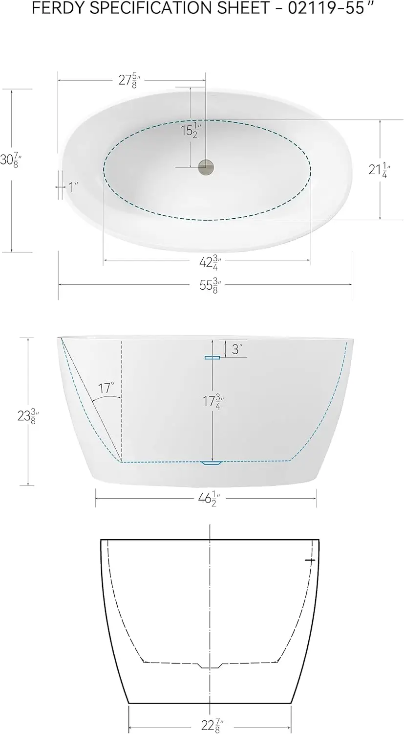 55" Freestanding Bathtub Elegant Oval Shape Soaking Bathtub Glossy White Brushed Nickel Drain Integrated Slotted Overflow 4