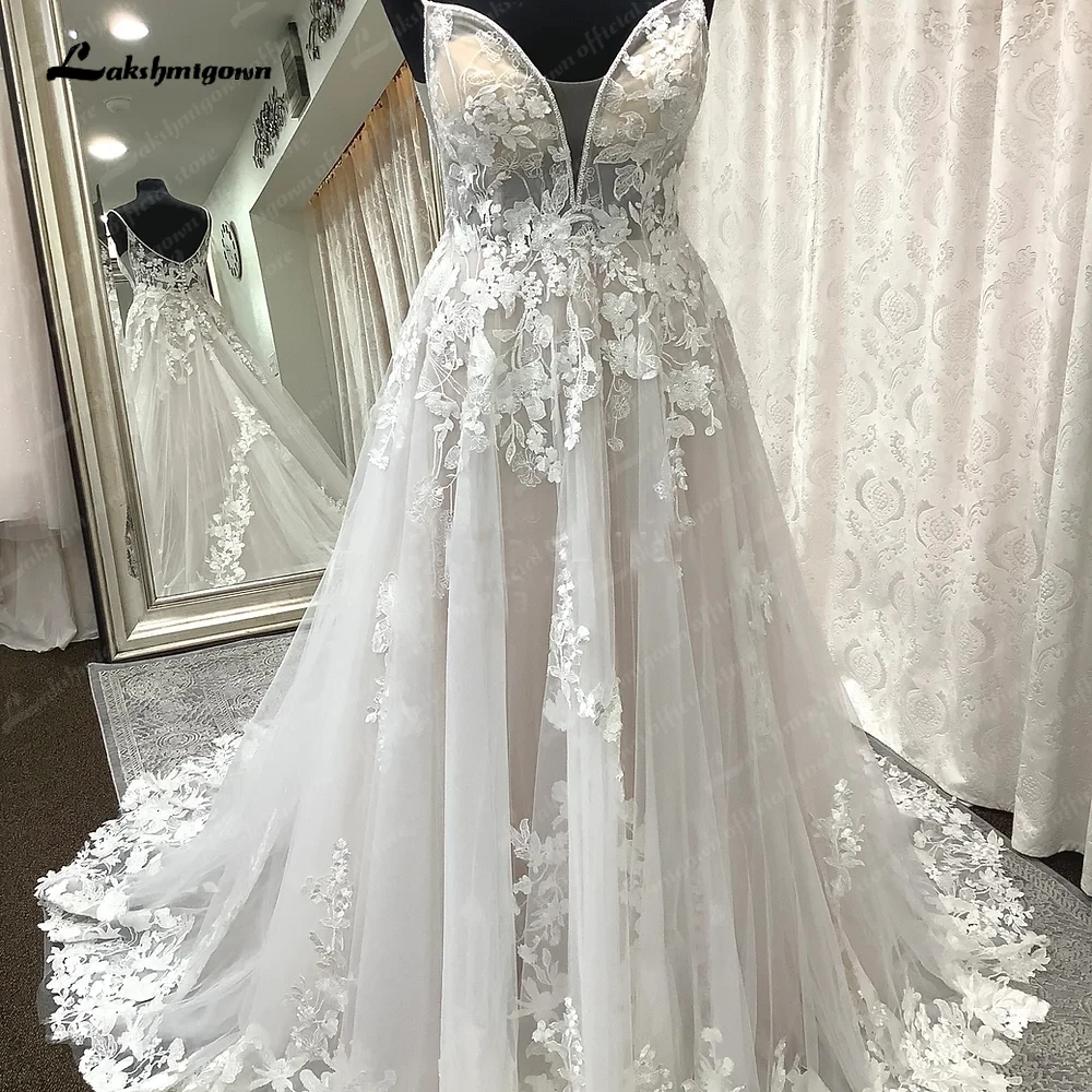 

Lakshmigown кружевное пляжное свадебное платье-трапеция на бретелях-спагетти 2023 свадебное платье с открытой спиной Женские свадебные платья