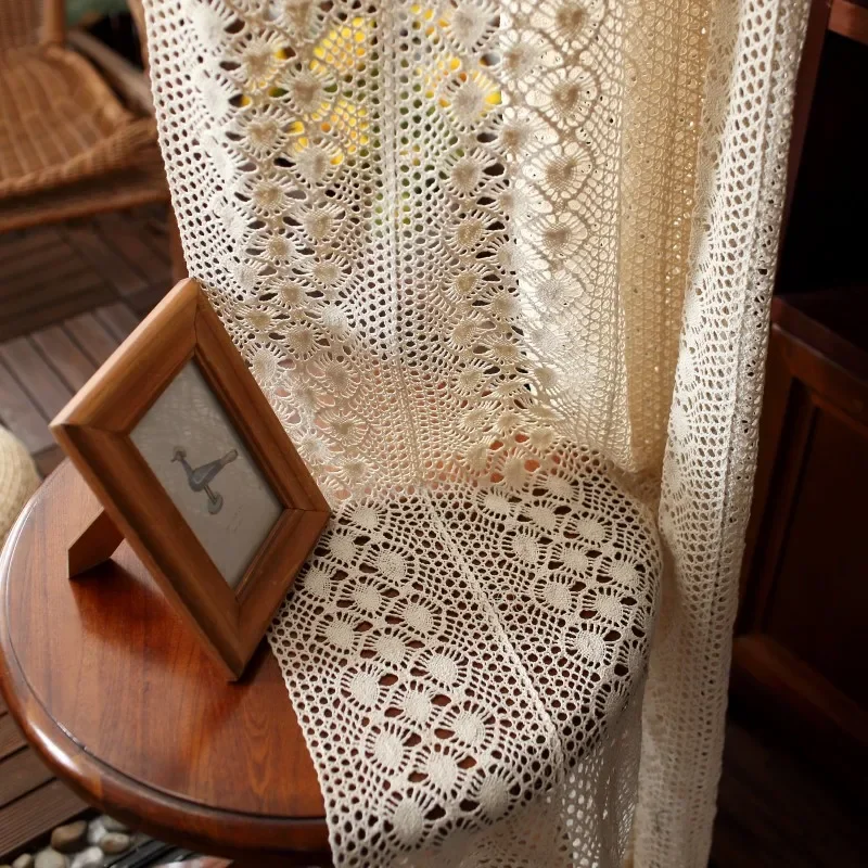 Boho Chic Beige Crochet Knitting Curtains for Bedroom Cotton Linen Hollowed Retro Farmhouse Patio Window Drapes