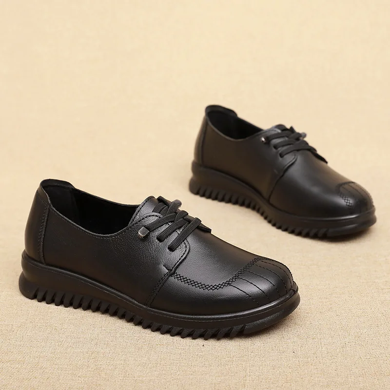 Spring Women's Black Flat Shoes Genuine Leather Loafers Slip On Casual Flats Ballet Shoes Mother Breathable Walking shoes