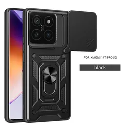 Shockproof Armor Phone Case with Car Holder and Camera Lens Protection for Mi 14T Pro (Black)