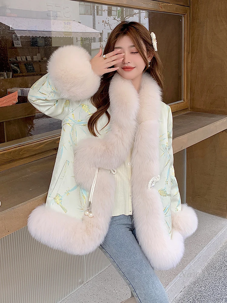 2023 New Chinese Style Buckle Imitation Fox Fur Coat Women's Fashion Embroidered Cape Coat Winter Party Daily Fur Coats Street