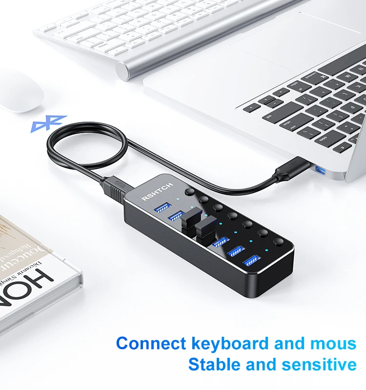 RSHTECH USB 3.0 Hub 7 Port Expander 5Gbps Data Transfer USB Splitter with Individual On/Off Switches and 5V/2A Power Adapter 6