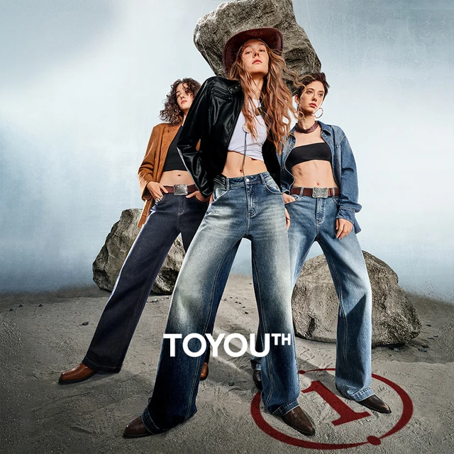 TOYOUTH Women Denim Jeans 2025 Autumn New Lycra Stretch Washed Wide Leg Straight Long Pants