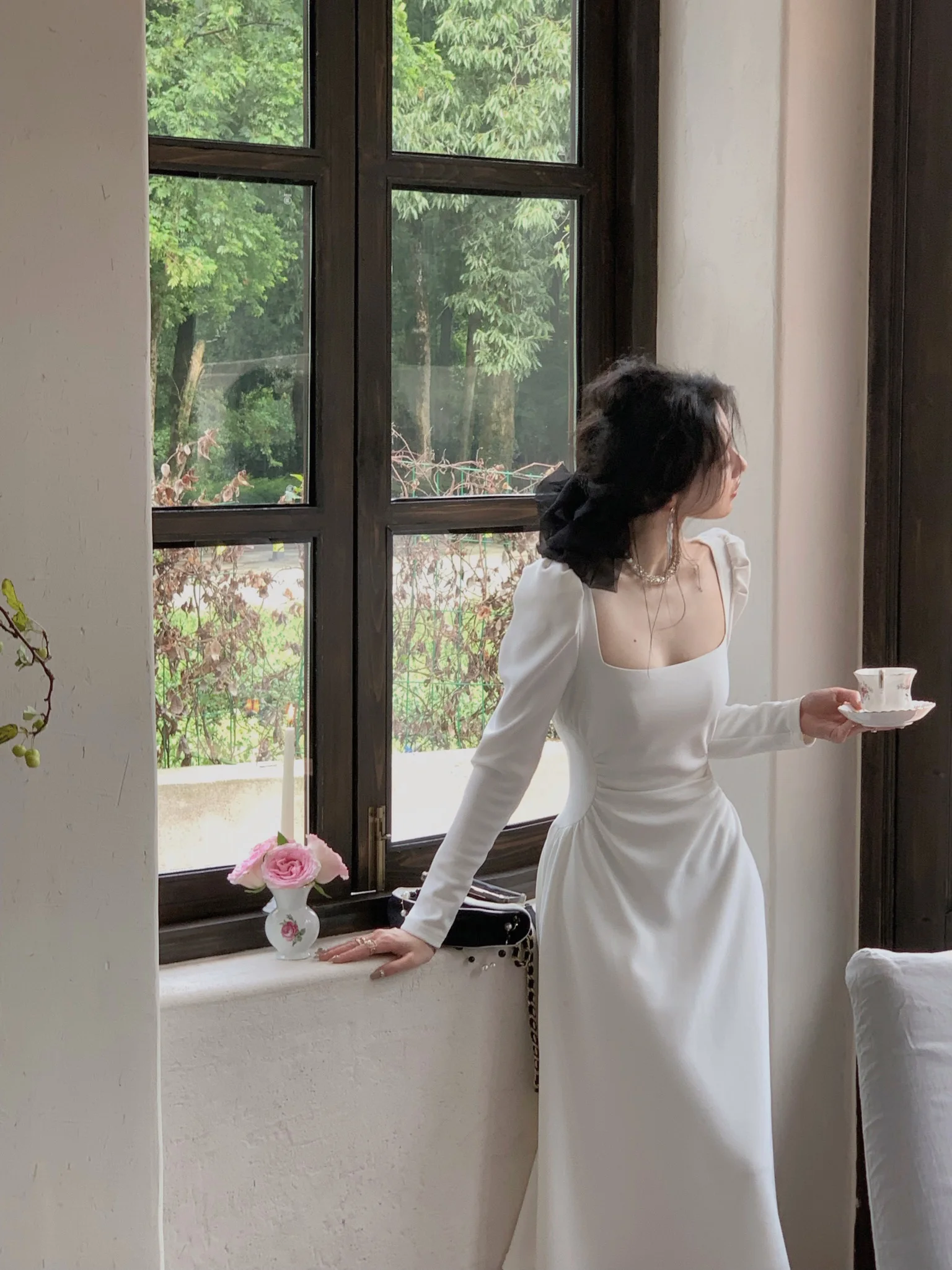 Spring New Elegant Square Collar Midi Party Dresses for Women Long Sleeve Black White Slim Vestidos Female High Waist Clothes