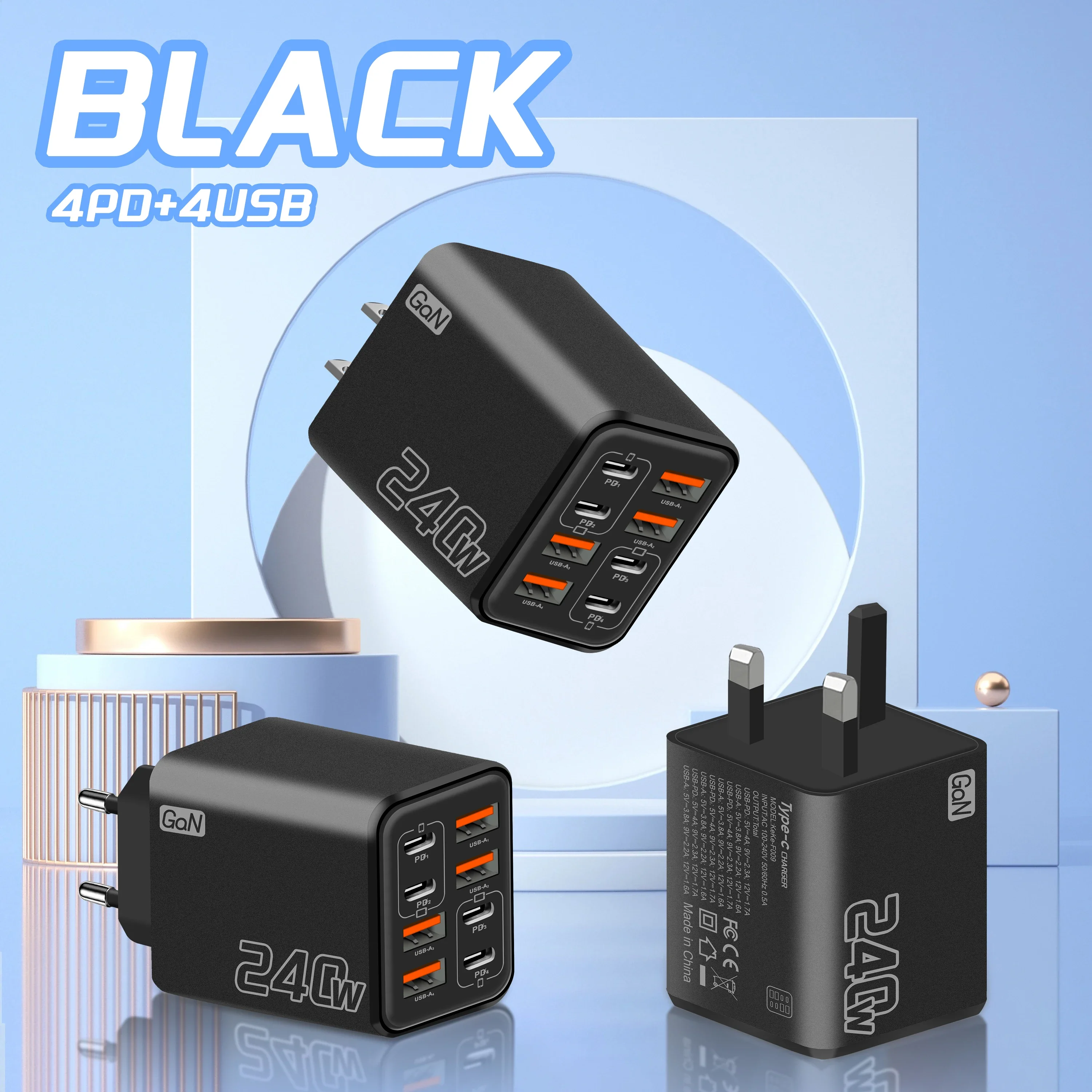 Chargeur USB C GaN 240W 8 en 1, charge rapide, adaptateur secteur Type C, prise EU/US, pour iPhone, Xiaomi, Samsung