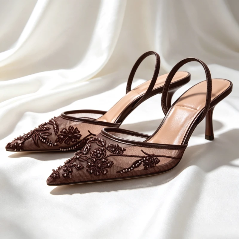 Mesh Embroider String Bead Detail High Heels Women Sexy Brown Pointed Toe Back Strap Heeled Sandals Summer Elegant Women Shoes