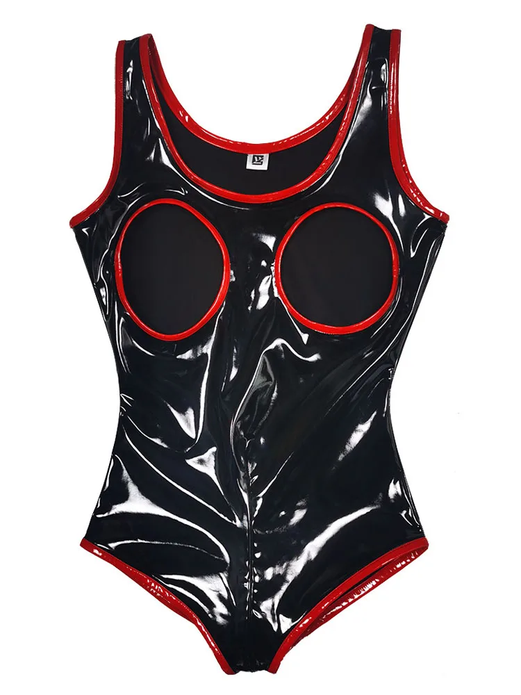 S-5XL Sleeveless Wet Look PVC Catsuit Shiny PU Leather Zipper Open Crotch Bodysuit Hollow Out Swimsuit Tights Sexy Body Teddies