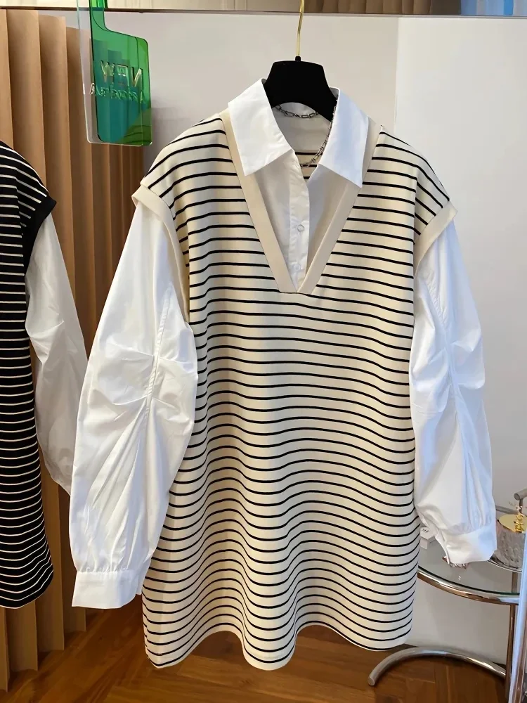 

New Spring Long Sleeve Shirt Fake Two Pieces Casual Blouse Female Oversized Shirt Leisure Loose Tops Fashion Woman Blouse 2024