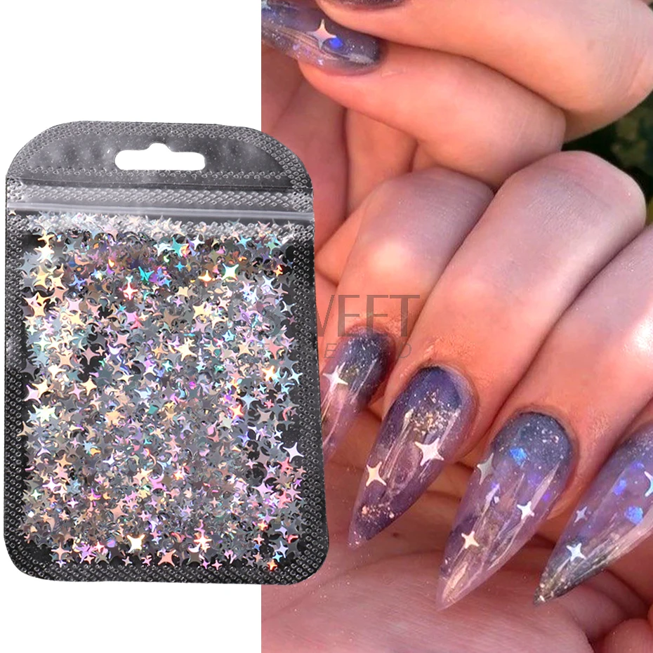 Holographic Star Four-pointed Star Nail Paillettes Sparkly Laser Design Sequin Charm Glitter Flake Shinning Manicure Decor Slice 2