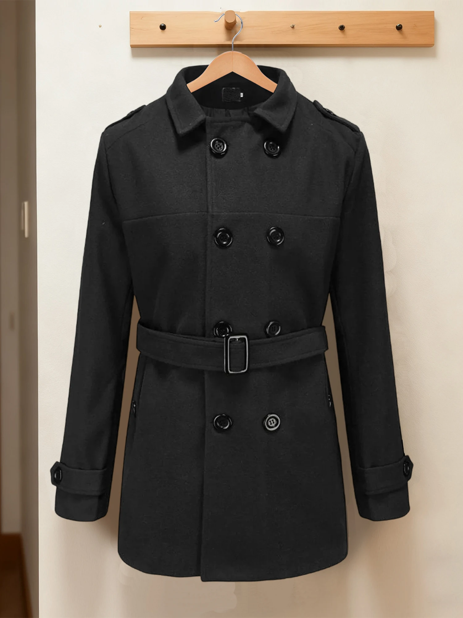 Men s Classic Double Breasted Wool Blend Trench Coat with Mid-Length Design for Stylish and Warm Winter Wear