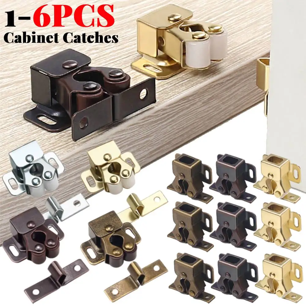Stainless steel cabinet catches anti collision furniture door stoppers dual wheel spring fixed cabinet door clasp tool 1-6PCS