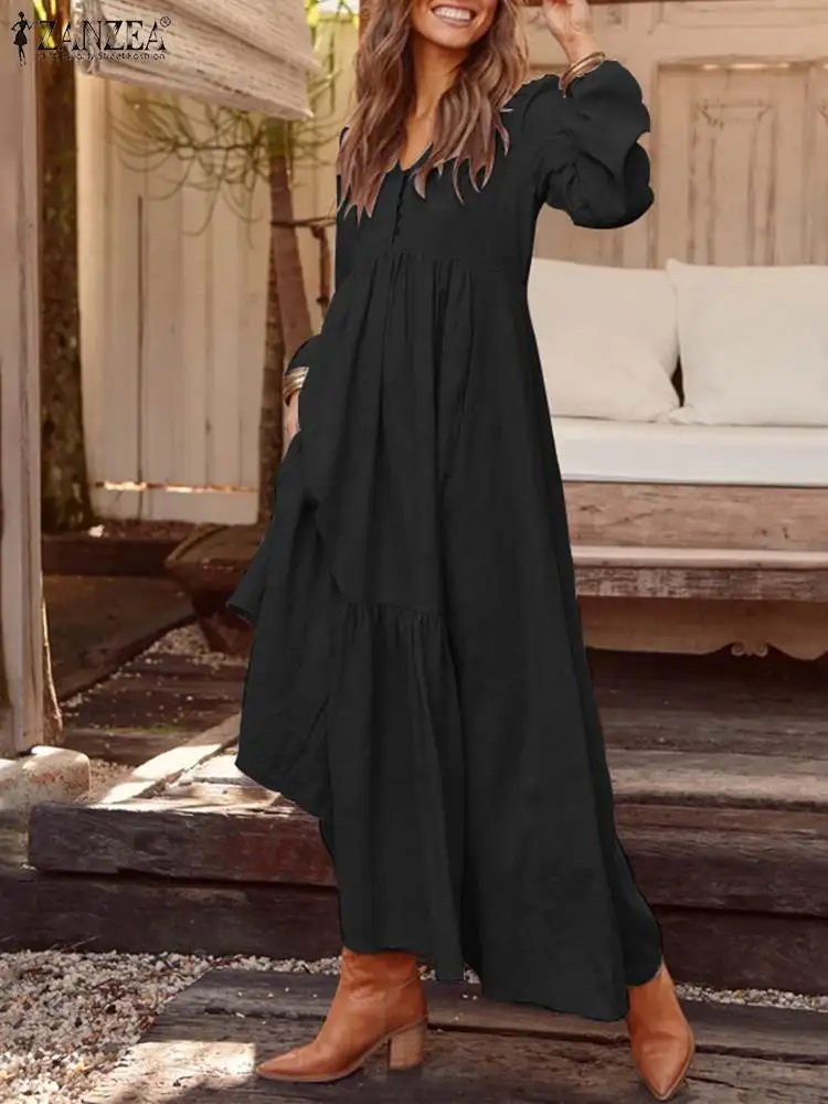 

ZANZEA 2023 Spring Sundress Casual V Neck Ruflle Long Sleeve Robe Oversized Bohemian Elegant Shirt Dress Women Maxi Vestido 1