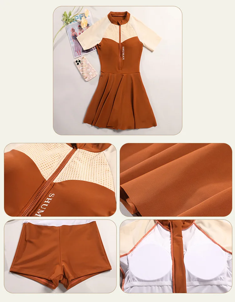 Women Quick-Dry Short Sleeve Front Zipper Surfing Beach Push Up Athletic Swim Skirts Female Sexy Outdoor Water Sports SwimWear
