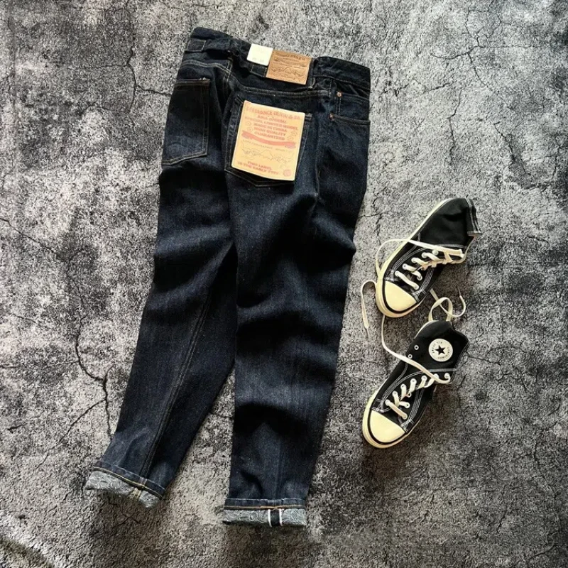 16 oz American Heavy Cotton Tannin Red ear Roll leg Twist Slim straight water wash denim pants Tide 3