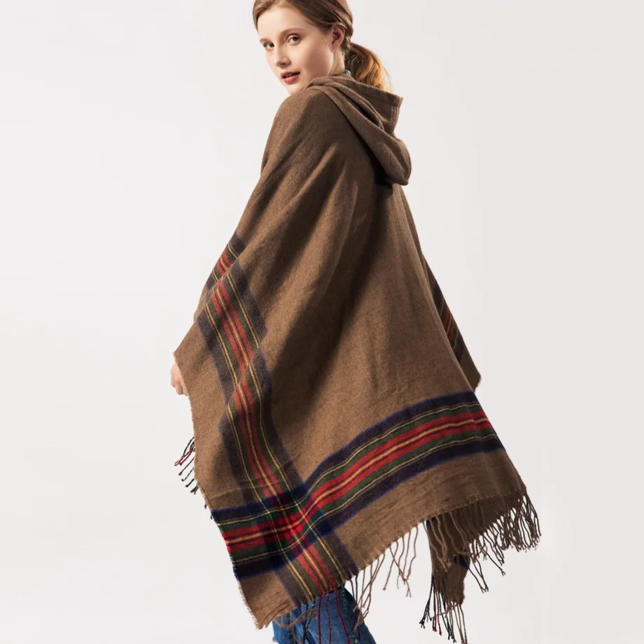 

TEELYNN Fringed Stripe Jacquard Knit Hooded Cloak Women Shawl Cape Cardigan Winter Warm Vintage Scarves Ponchos Scarf Outwear